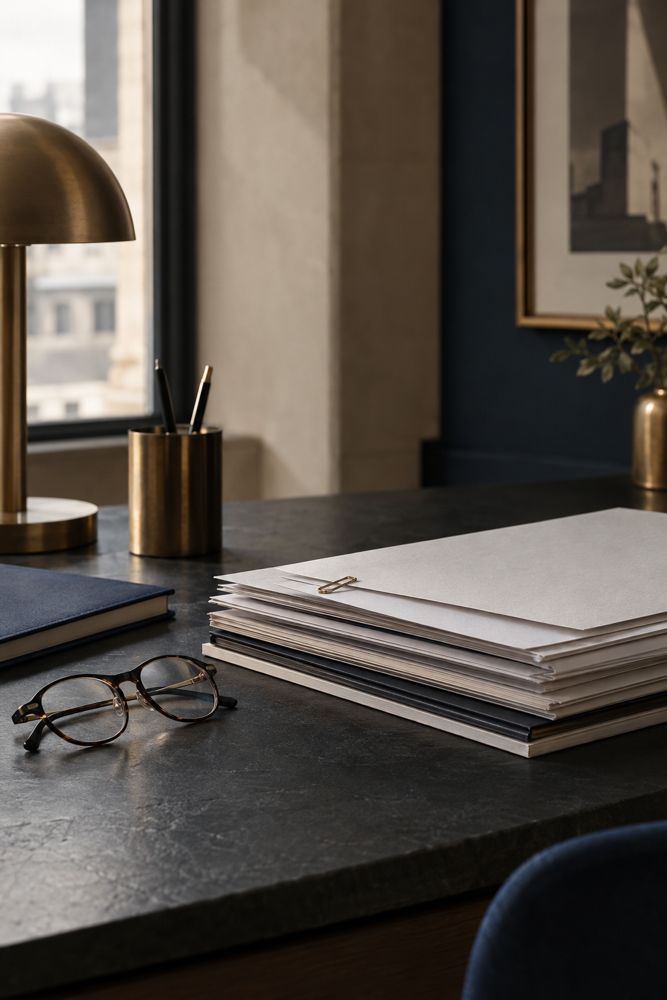 Neatly stacked documents and reading glasses on a slate desk