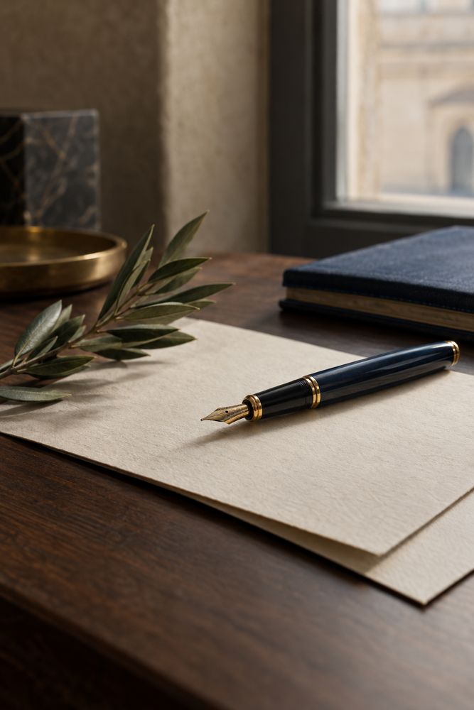 A fountain pen resting on a document on a walnut desk